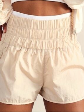 FP Movement by Free People Cream Athletic High-Rise Smocked Waist Shorts